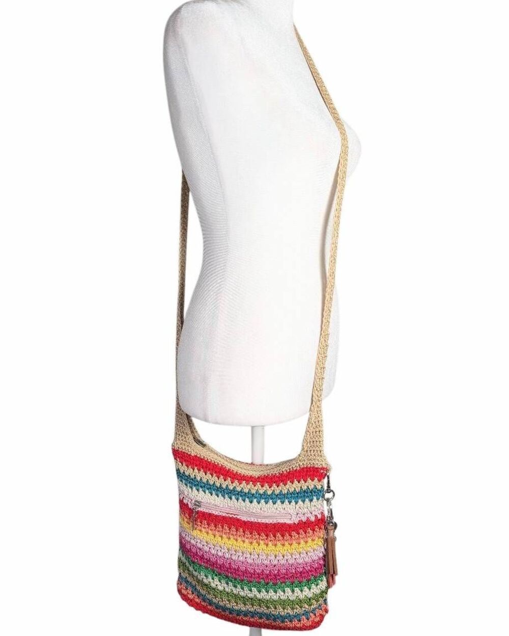 The Sak crochet knit multicolor striped crossbody tassel bag